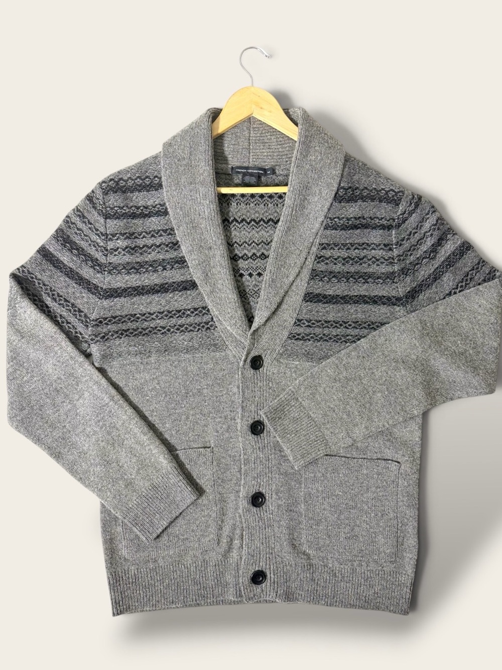 Men’s Lambswool Blend Shawl Collar Cardigan Gray Black Size M NWT